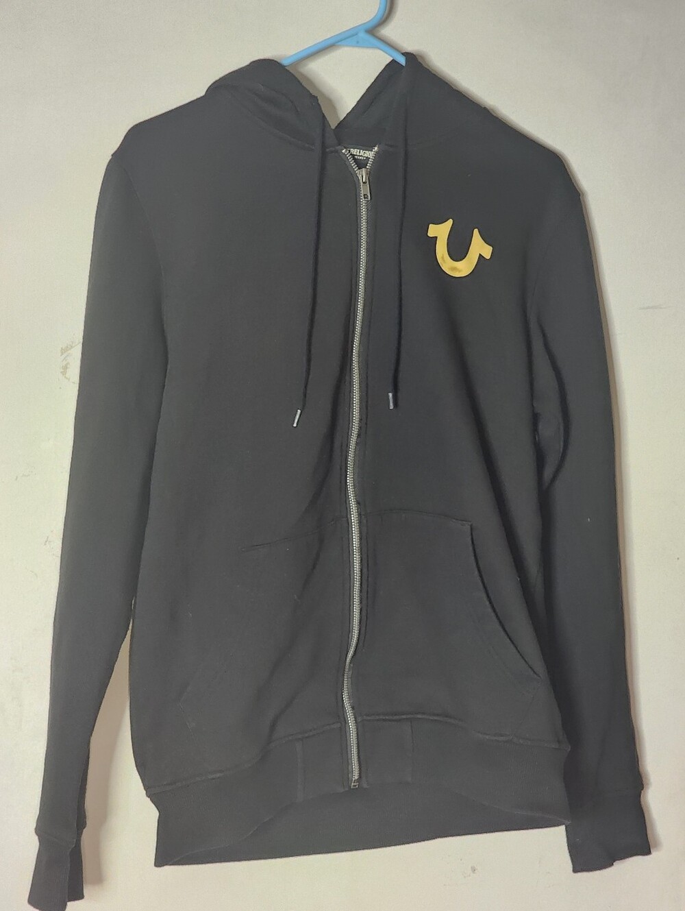 True Religion Black Zip Hoodie with Gold Horseshoe Accent